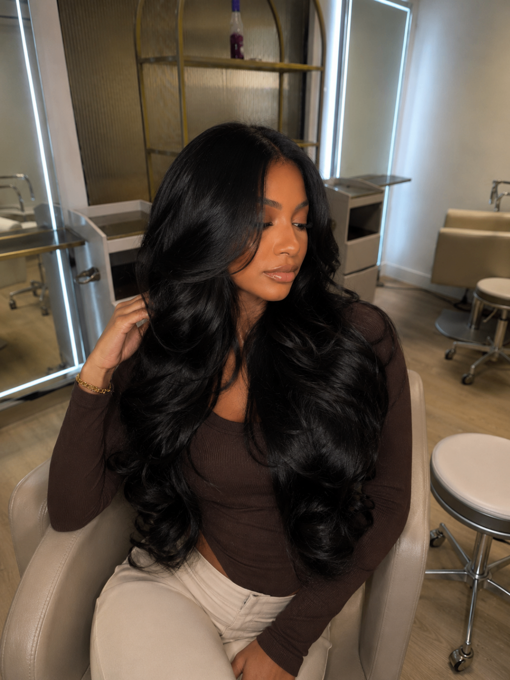 Voluminous soft waves styled in the studio