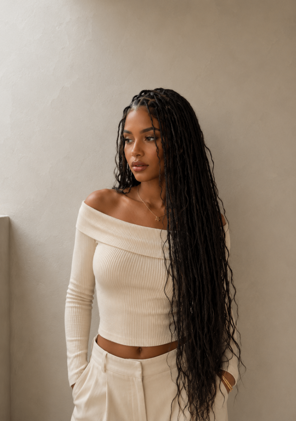 Long braided style photographed against a soft neutral wall