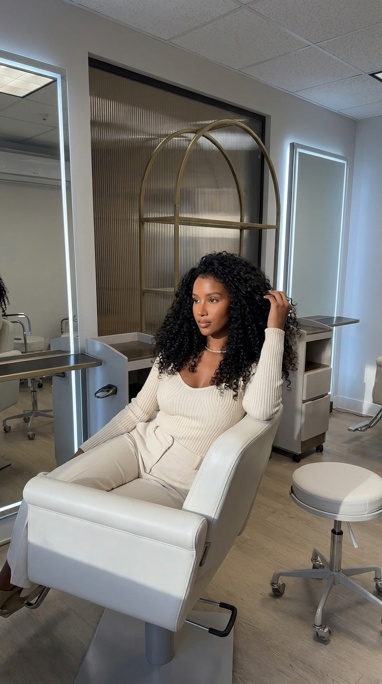 Client with voluminous curls relaxed in the styling chair