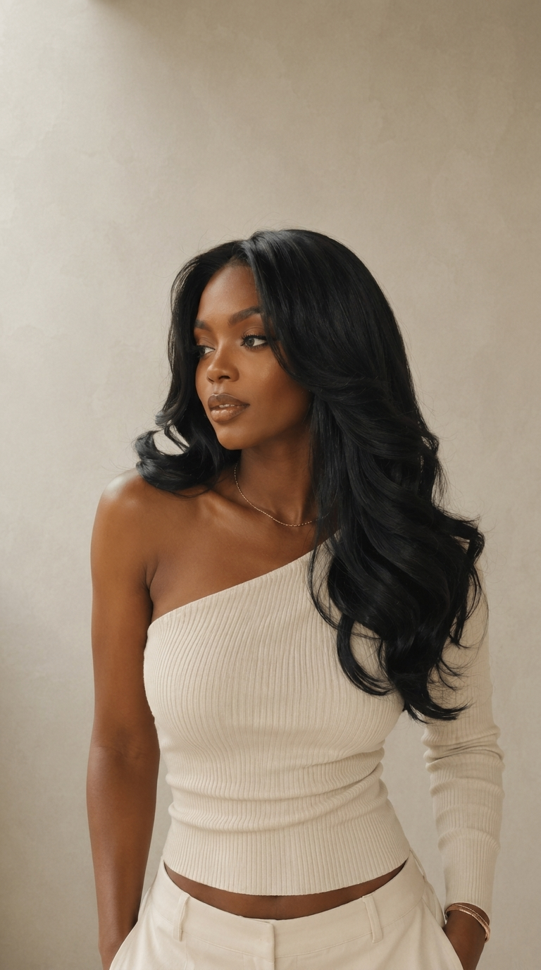 Editorial portrait with soft one-shoulder styling