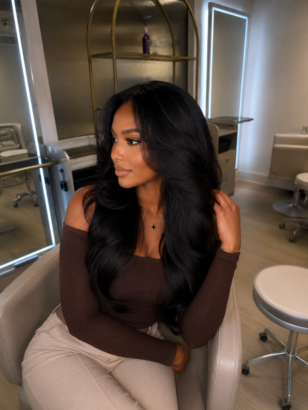 Sleek, bone-straight sew-in finish in profile