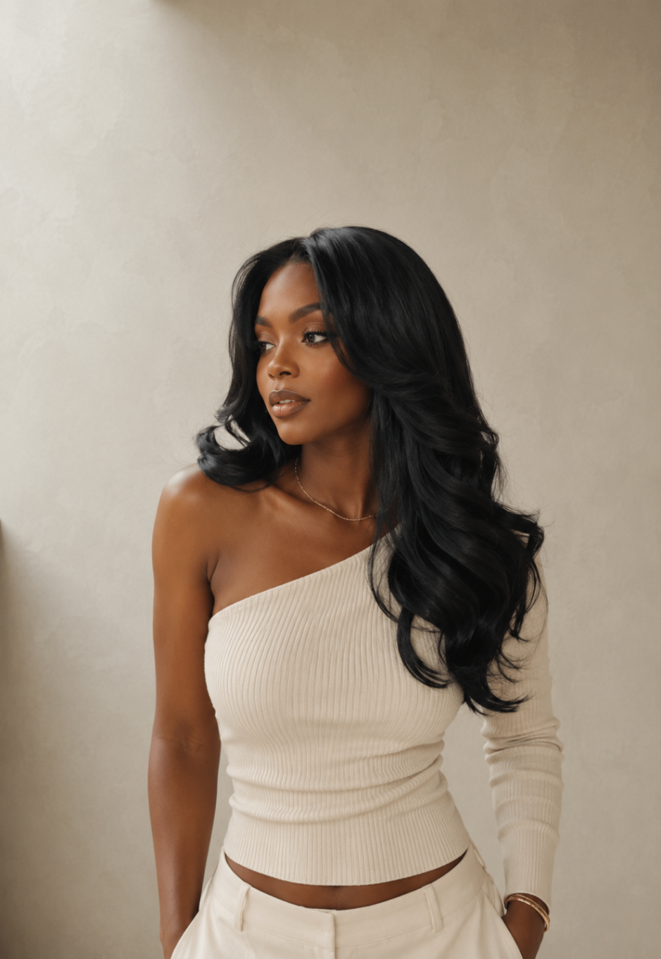 Soft blown-out waves photographed against a cream backdrop