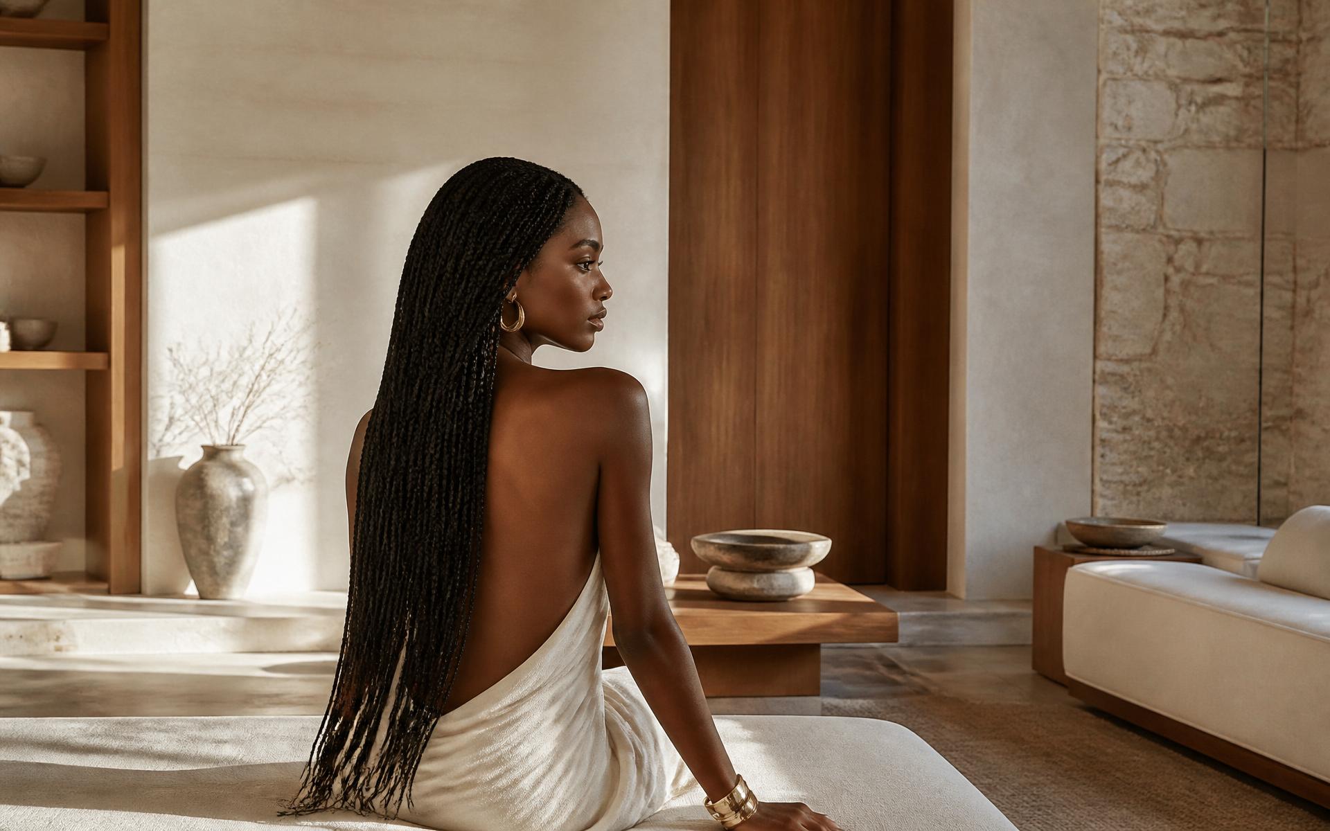 Editorial campaign of long knotless braids in a sunlit interior