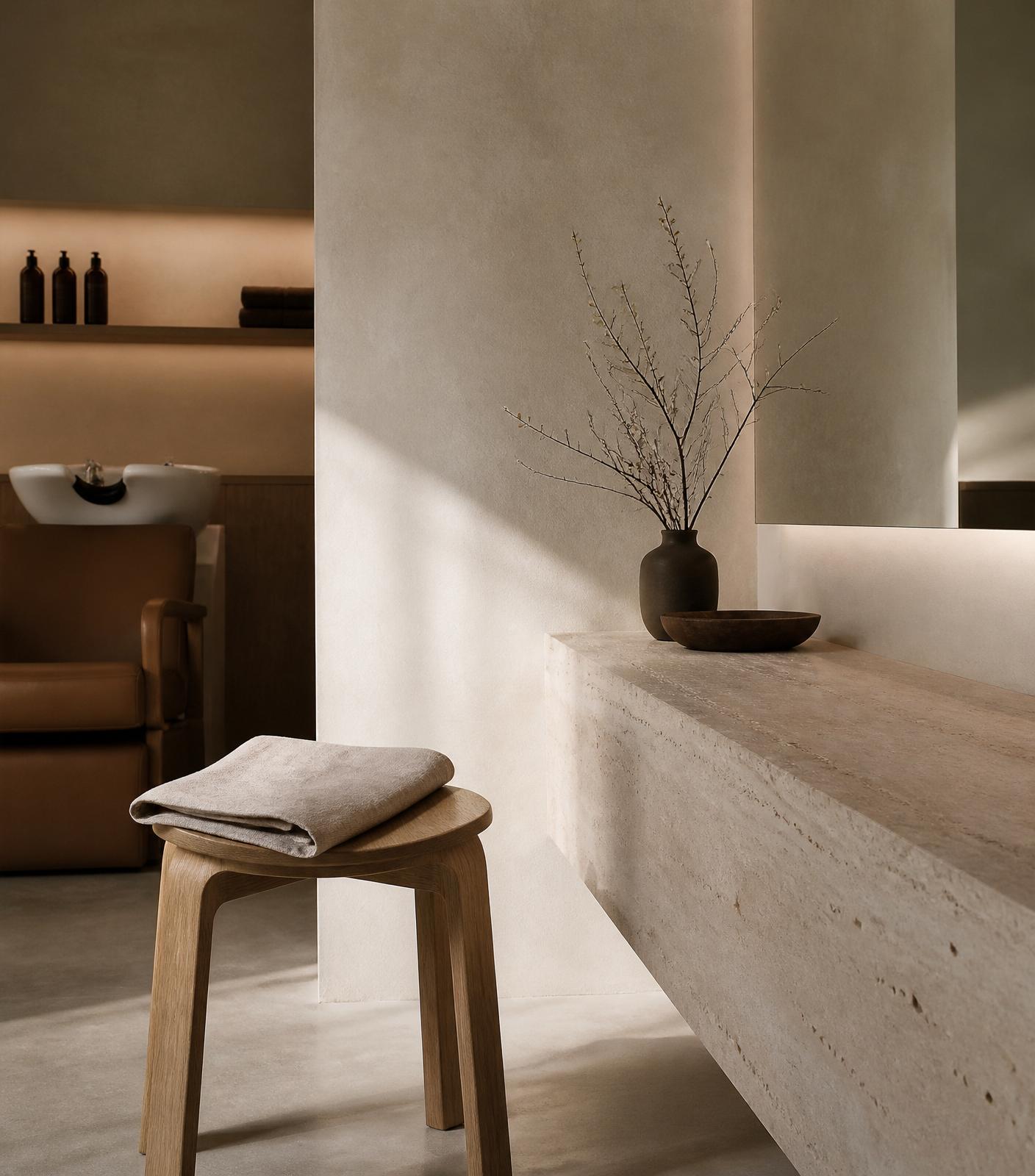 A calm studio corner with travertine and oak